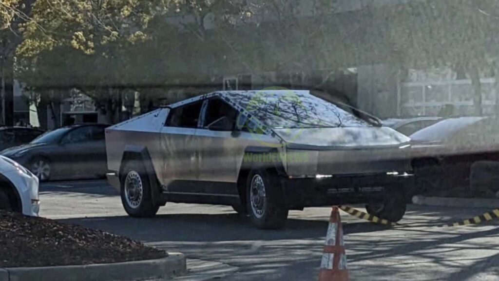 Tesla cybertruck prototype steel wheels front three quarters