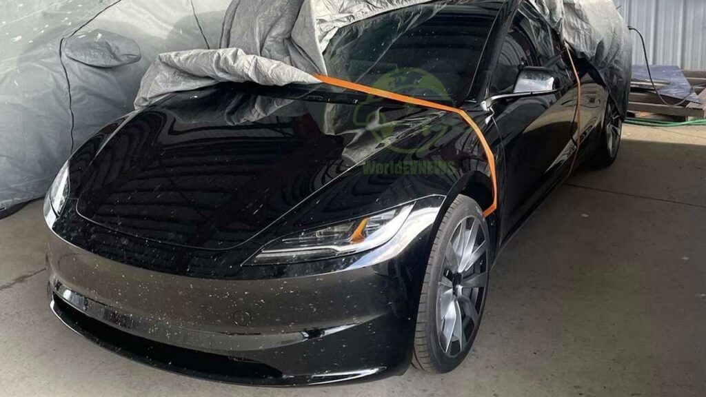 Tesla model 3 highland front three quarters leaked image