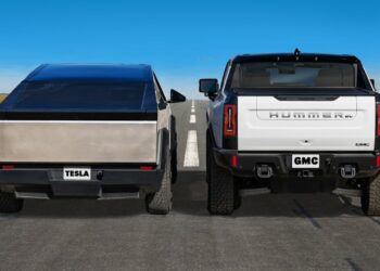 Tesla cybertruck cyberbeast vs gmc hummer ev drag race texas gigafactory austin texas