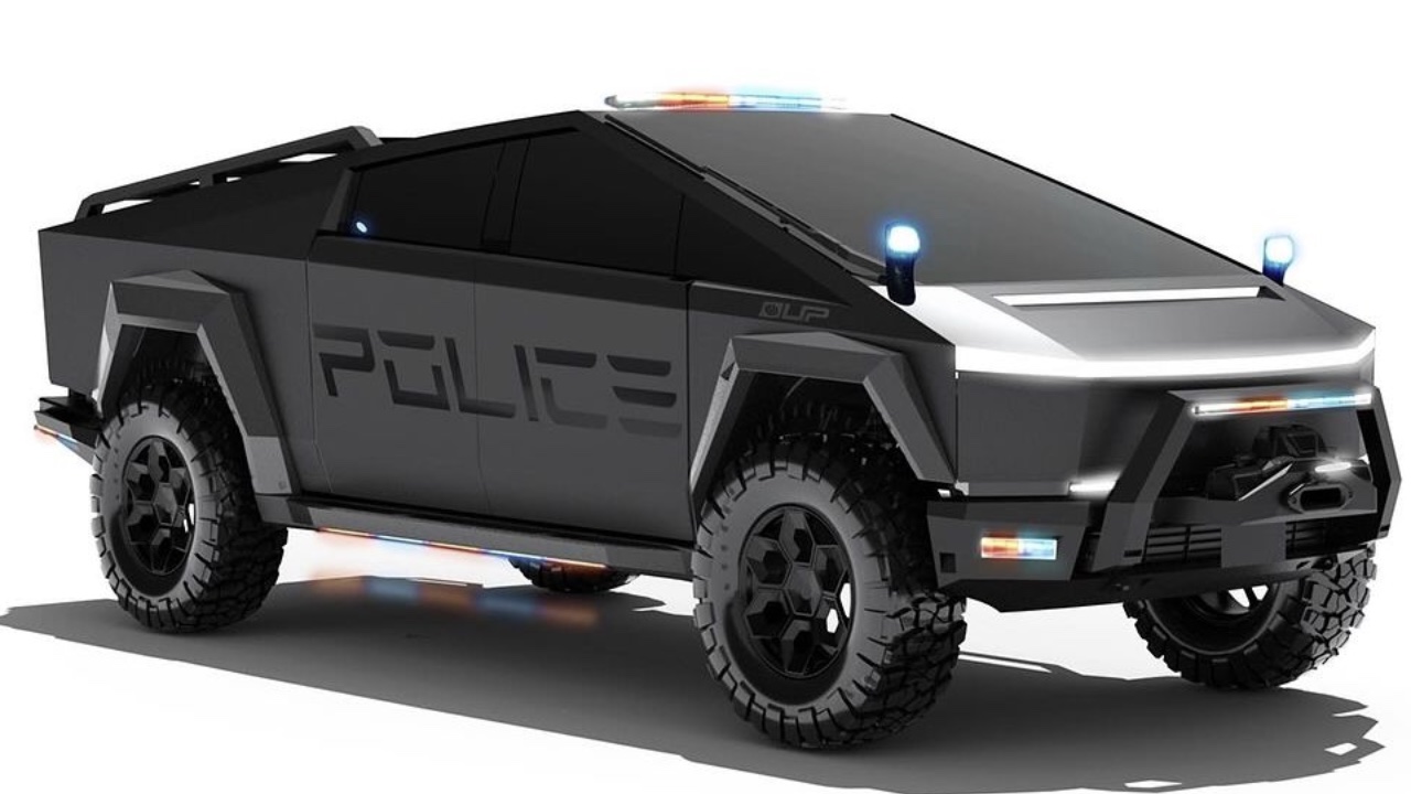Tesla cybertruck police car rendering front three quarters