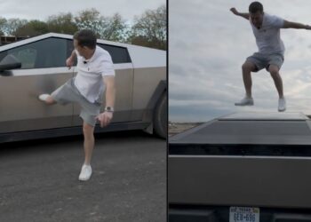 Tesla cybertruck review kicking jumping